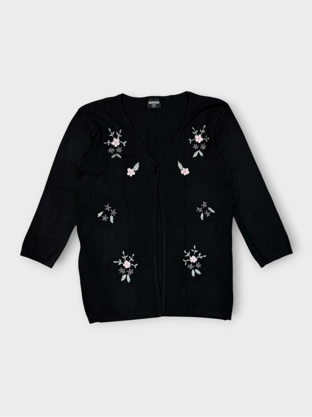 Monteau black cardigan with white floral embroidery